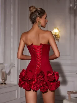 Birtin Strapless Flower Mini Dress In Red