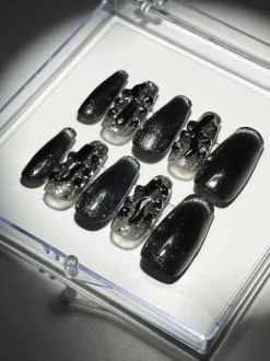Black Cat Eye Crystal Handmade Press On Nails