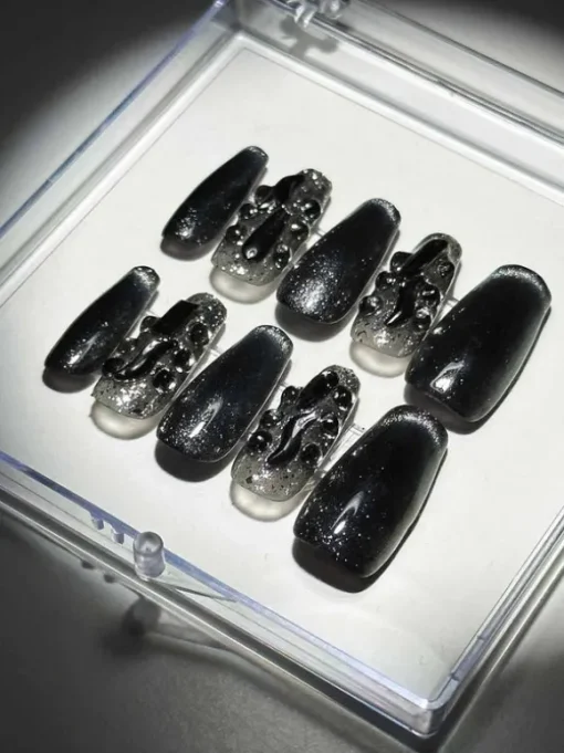 Black Cat Eye Crystal Handmade Press On Nails