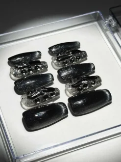 Black Cat Eye Crystal Handmade Press On Nails