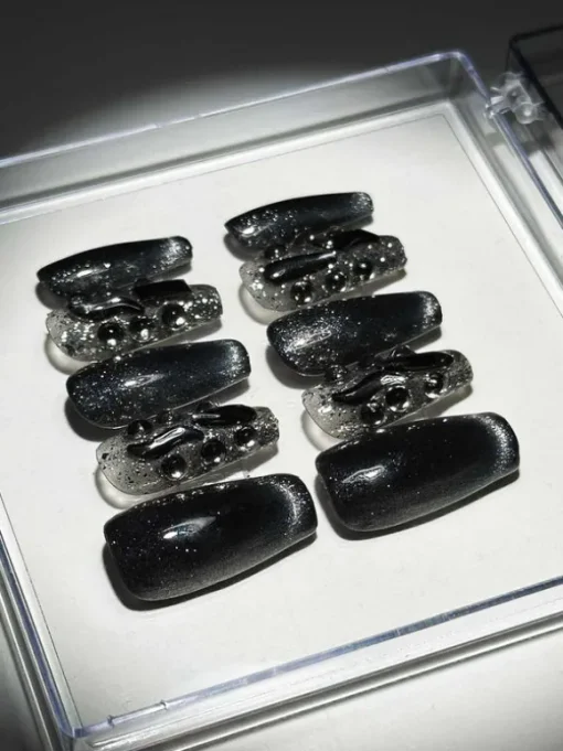 Black Cat Eye Crystal Handmade Press On Nails