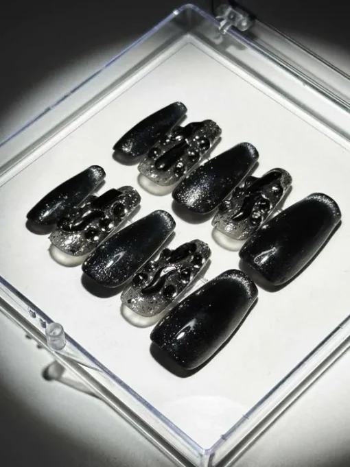 Black Cat Eye Crystal Handmade Press On Nails