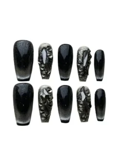 Black Cat Eye Crystal Handmade Press On Nails