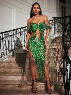 Blondene Cutout Sequin Embellished Maxi Dress