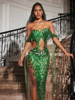 Blondene Cutout Sequin Embellished Maxi Dress