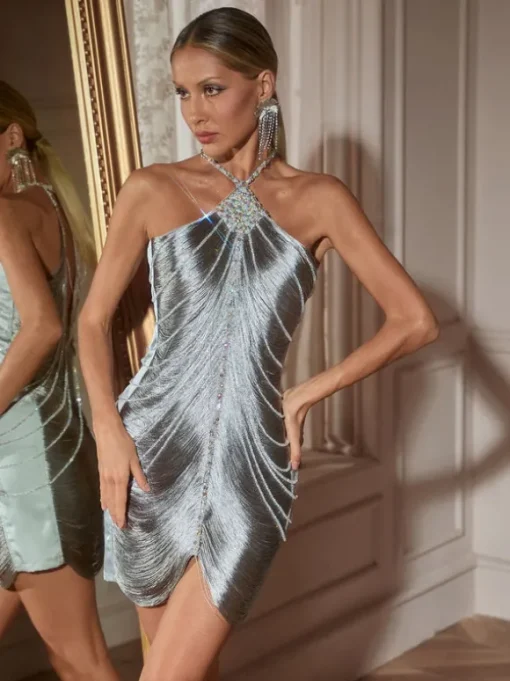Bluma Halterneck Beaded Fringe Mini Dress