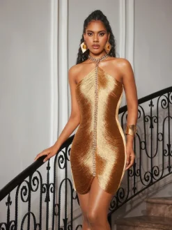 Bluma Halterneck Crystal Fringe Mini Dress