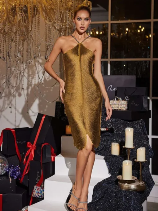 Bluma Halterneck Fringe Midi Dress In Gold