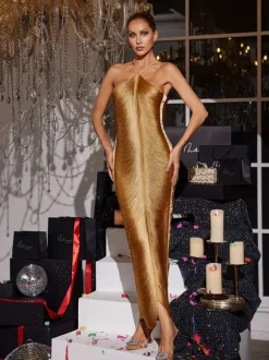 Bluma Halterneck Fringe Maxi Dress In Bronze