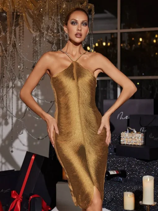 Bluma Halterneck Fringe Midi Dress In Gold