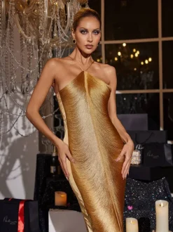 Bluma Halterneck Fringe Maxi Dress In Bronze
