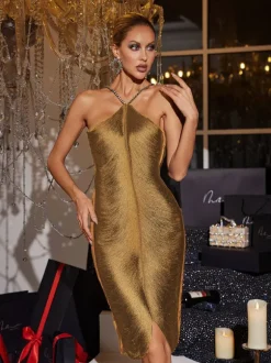 Bluma Halterneck Fringe Midi Dress In Gold