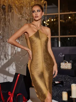Bluma Halterneck Fringe Midi Dress In Gold
