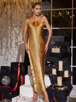Bluma Halterneck Fringe Maxi Dress In Bronze