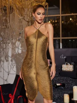 Bluma Halterneck Fringe Midi Dress In Gold