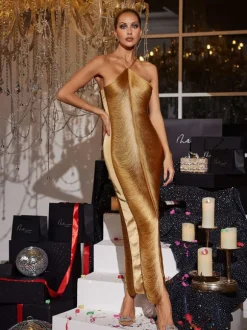 Bluma Halterneck Fringe Maxi Dress In Bronze