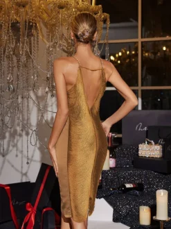 Bluma Halterneck Fringe Midi Dress In Gold