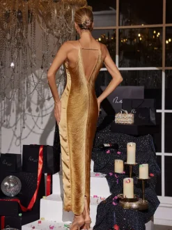 Bluma Halterneck Fringe Maxi Dress In Bronze