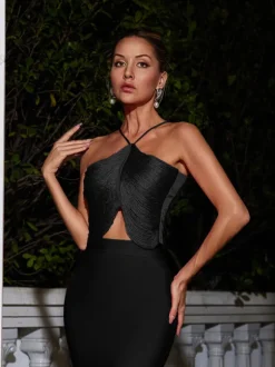 Bluma Halterneck Fringe Top In Black