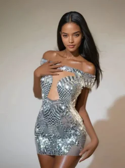 Bly Off Shoulder Rhinestone Mini Dress In Silver