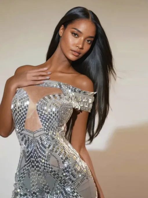 Bly Off Shoulder Rhinestone Mini Dress In Silver