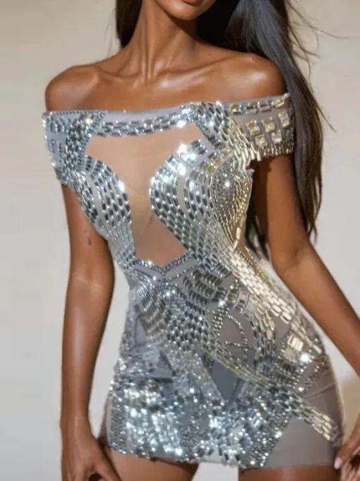 Bly Off Shoulder Rhinestone Mini Dress In Silver