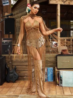 Brinzo Fringe Cover Up Dress In Khaki