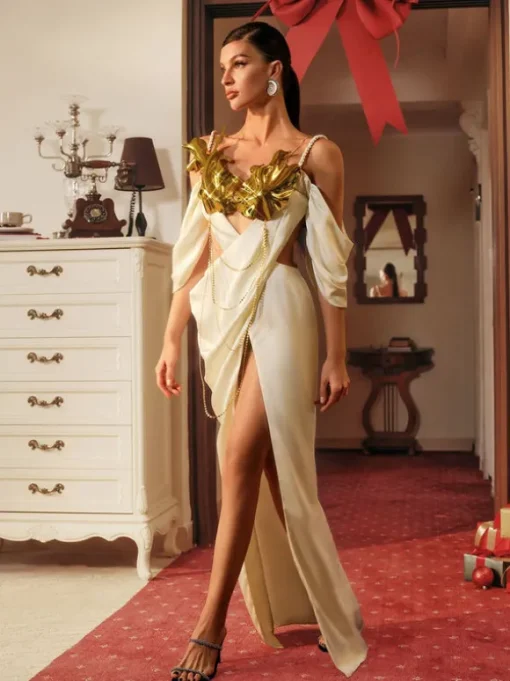Bruno Metallic Leafy Chain Armor Top