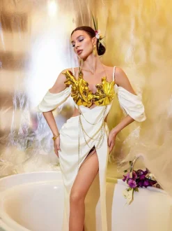 Bruno Metallic Leafy Chain Armor Top