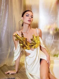 Bruno Metallic Leafy Chain Armor Top