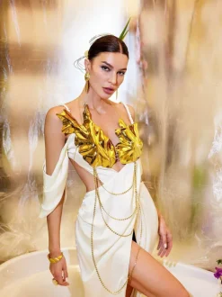 Bruno Metallic Leafy Chain Armor Top