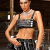 Brystin Spaghetti Cutout Leather Top