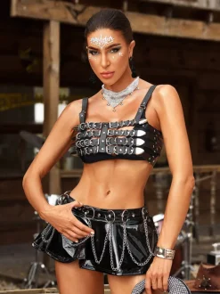 Brystin Spaghetti Cutout Leather Top