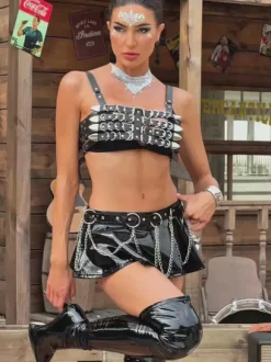 Brystin Spaghetti Cutout Leather Top