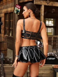 Brystin Spaghetti Cutout Leather Top