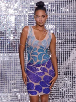 Cairo Crystal Embellished Mini Dress In Light Nude & Blue