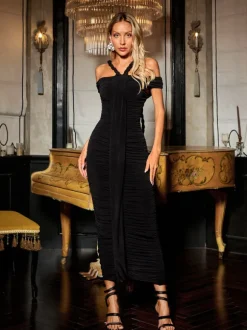 Caishen Off Shoulder Ruched Maxi Dress In Black