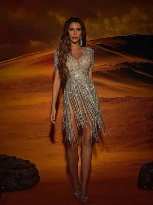 Calico Crystal Fringe Mini Dress