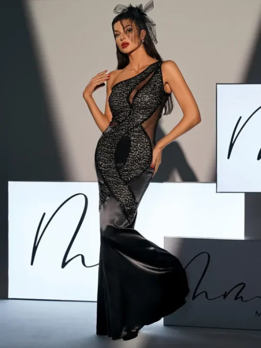 Calina One Shoulder Sequin Maxi Satin Dress