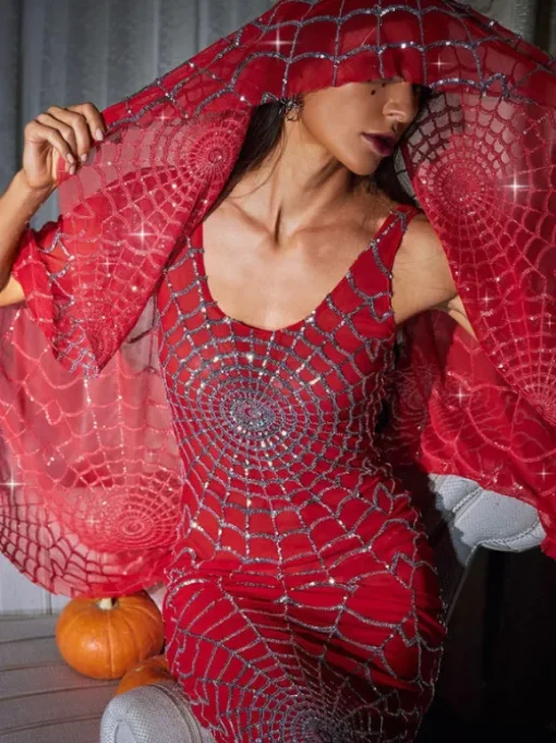 Calyx Cobweb Sequin Veil In Red