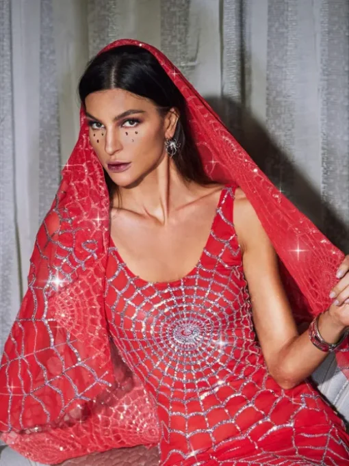Calyx Cobweb Sequin Veil In Red