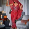 Calyx Scoop Neck Cobweb Sequin Midi Dress In Red