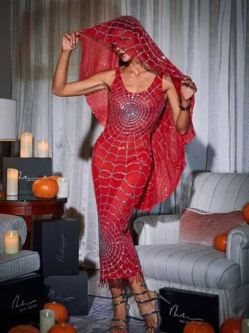 Calyx Scoop Neck Cobweb Sequin Midi Dress In Red
