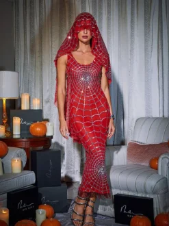 Calyx Scoop Neck Cobweb Sequin Midi Dress In Red