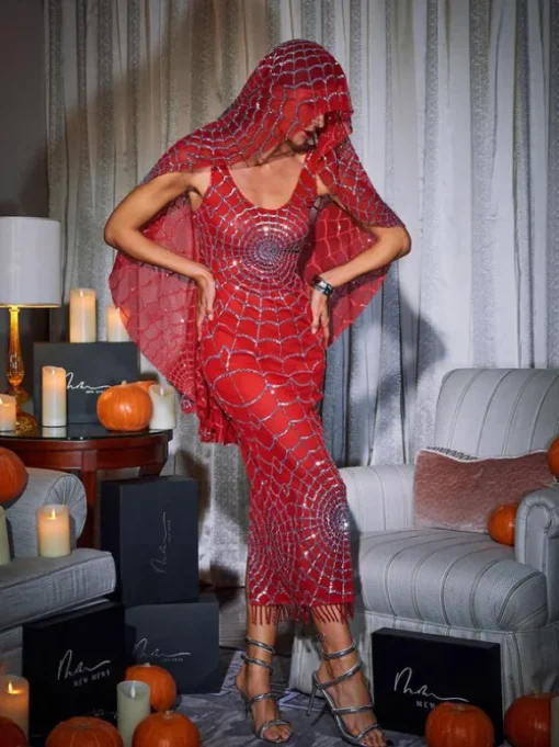 Calyx Scoop Neck Cobweb Sequin Midi Dress In Red