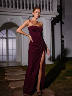 Carew Strapless Ruched Dress In Brown
