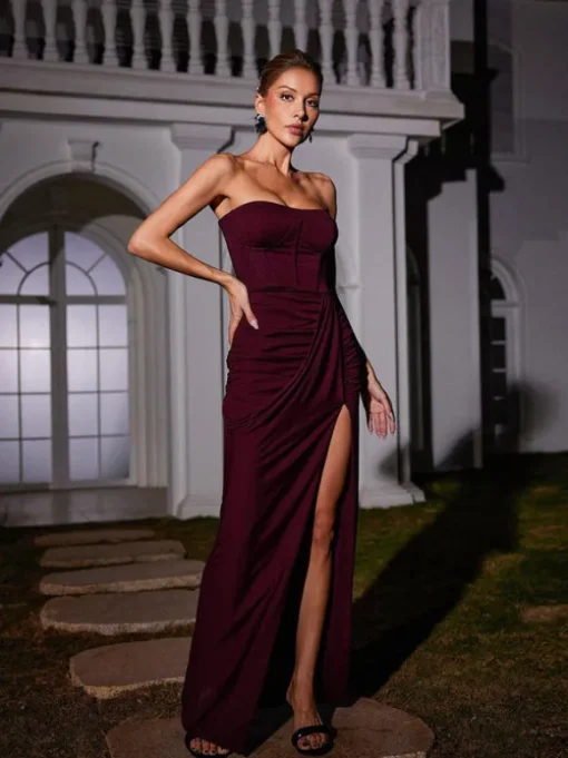 Carew Strapless Ruched Dress In Brown