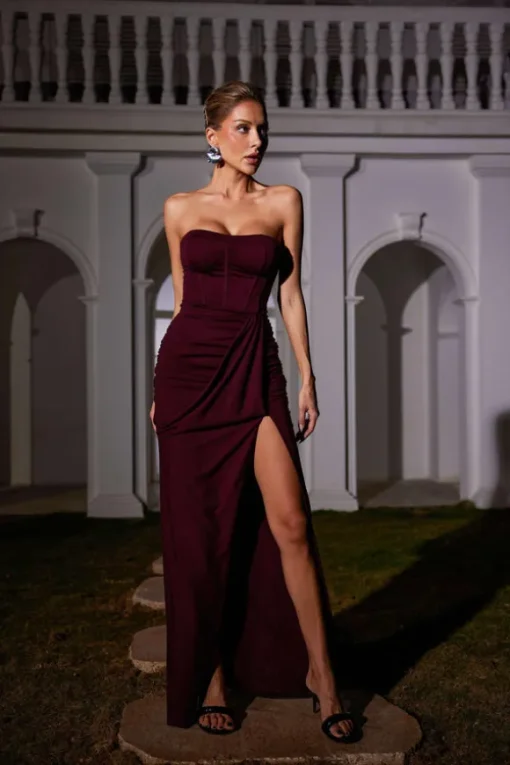 Carew Strapless Ruched Dress In Brown