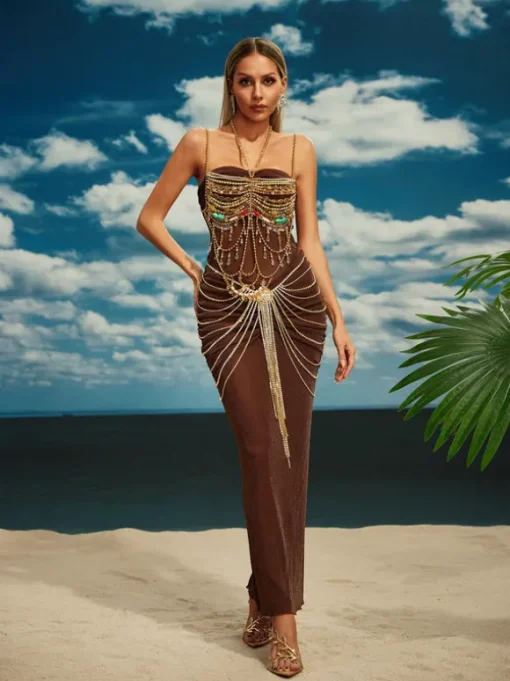 Carrick Crystal Body Chain Skirt In Gold