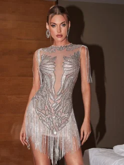 Cassiopeia Crystal Chain Fringe Mini Dress In Light Nude